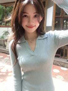 DAZY 女款素色休閒日常長袖針織衫 - 淺藍色 - 查看 4