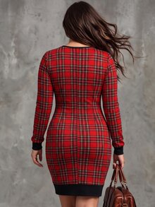 Linhara CURVE فستان خريفي كاجوال محبوك بنقشة مربعات مقاس كبير - الأحمر - مشاهدة 2