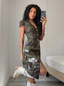 Jeanoix Women's Camouflage Single-Breasted Casual Daily Denim Jacket - Multicolor - View 3