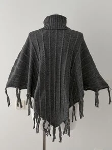 Sunspun Women's Plus Size Dark Tassel High Neck Batwing Sleeve Pullover Sweater - Dark Grey - View 2