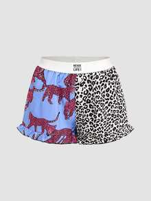Chillnights Young Contrast Color Leopard Print Letter & Sun Graphic Frill Trim 2pcs Women's Pajama Bottoms - Multicolor - View 3
