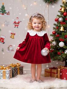 SHEIN Infant Girl Cute Corduroy Red Peter Pan Collar Colorblock Dress - Burgundy - View 3