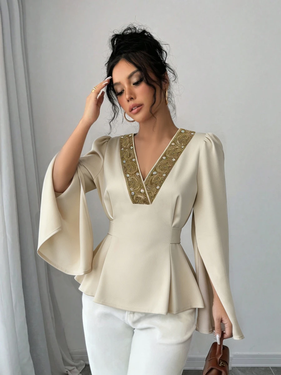 Elenzga Contrast Tape Split Sleeve Peplum Blouse - Apricot - View 1