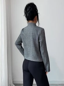Elenzga Elegant Herringbone Black & White Women's Overcoat - Black and White - View 2