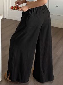 SHEIN PETITE CURVE 純色休閒極簡寬鬆舒適長褲 - 黑色 - 查看 2