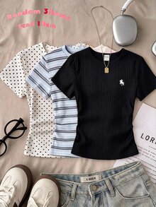 青少年女孩休閒極簡藍色條紋Y2K風格，軟妹/純真無辜感，圓領腰部抓皺修身短袖T恤，適合春夏百搭Y2K風格，舒適隨性上衣，豹紋 - 彩色 - 查看 1