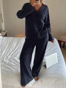 DAZY Women's Solid Color Long Sleeve Top And Pants Casual Daily Loungewear Set - Navy Blue - View 5