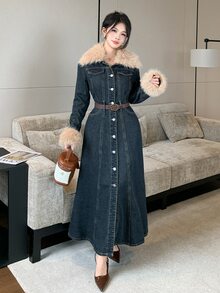 DAZY Women's Washed Denim Long Dress With Fur Collar Design And Cinched Waist - Medium Wash - View 2