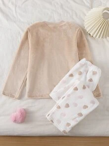Genkimix Kids 女童大童睡衣套裝 秋冬日常休閒優雅居家服 長袖長褲 蝴蝶結刺繡圖案與滿版小愛心印花 刷毛套裝 - 卡其色 - 查看 2