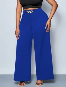 SHEIN CURVE+ Celana Wanita Plus Size Warna Polos dengan Detail Sabuk Kaki Lebar, Celana, Cocok untuk Semua Musim, Cocok untuk Pesta, Konser, Gaya Harian Komuter, Festival Musik, Romansa, Hari Valentine, Liburan - Royal Blue - View 6