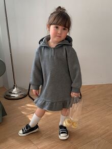 DAZY Baby Girl Solid Color Casual Daily Summer Hooded Dress - Grey - View 3