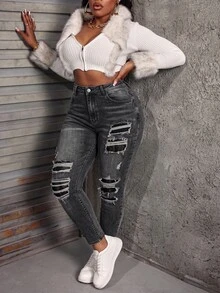 SHEIN MOD Plus Size Women's High Waist Pocket Distressed Skinny Casual Jeans - Black - View 4