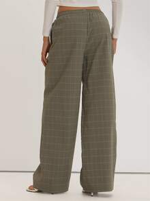 MUSEYN Khaki Grid Print Wide Leg Elasticated Waistband Pants Versatile Everyday Casual Fall - Grey - View 4