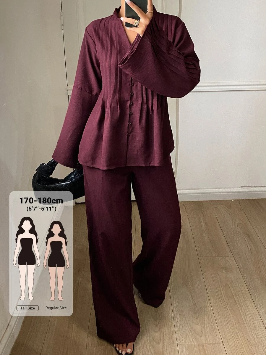 Dazy Tall Women's Solid Color Pleated Long Sleeve Top And Pants Casual Daily 2 Pieces Set - Burgundy - View 1
