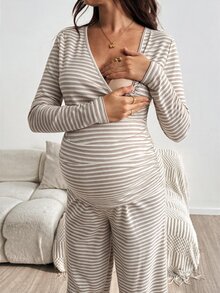 SHEIN 孕婦條紋長袖T恤與可調腰長褲2件套 - 杏色 - 查看 5