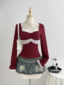Elamini Minimalist Sexy Sweet & Spicy Girl Style Elegant Slim Fit Flattering High-End Red Lace T-Shirt For Women Spring Autumn - Burgundy - View 1