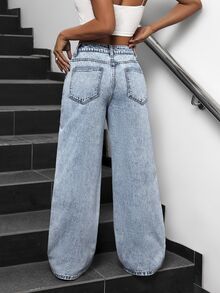 SHEIN PETITE 女款簡約百搭鈕扣口袋寬鬆牛仔褲 - 藍色 - 查看 2