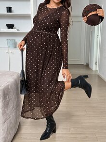 SHEIN 孕婦 1件波點印花哺乳洋裝 秋季 - 棕色 - 查看 3