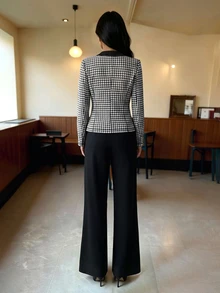 SHEIN Raffinéa Women's Elegant Daily 2 Pieces Set Blazer & Straight Leg Trousers Outfit, Contrast Color Collar Slimming Fashion Suit Fall Winter Office Commuter - Black - View 2