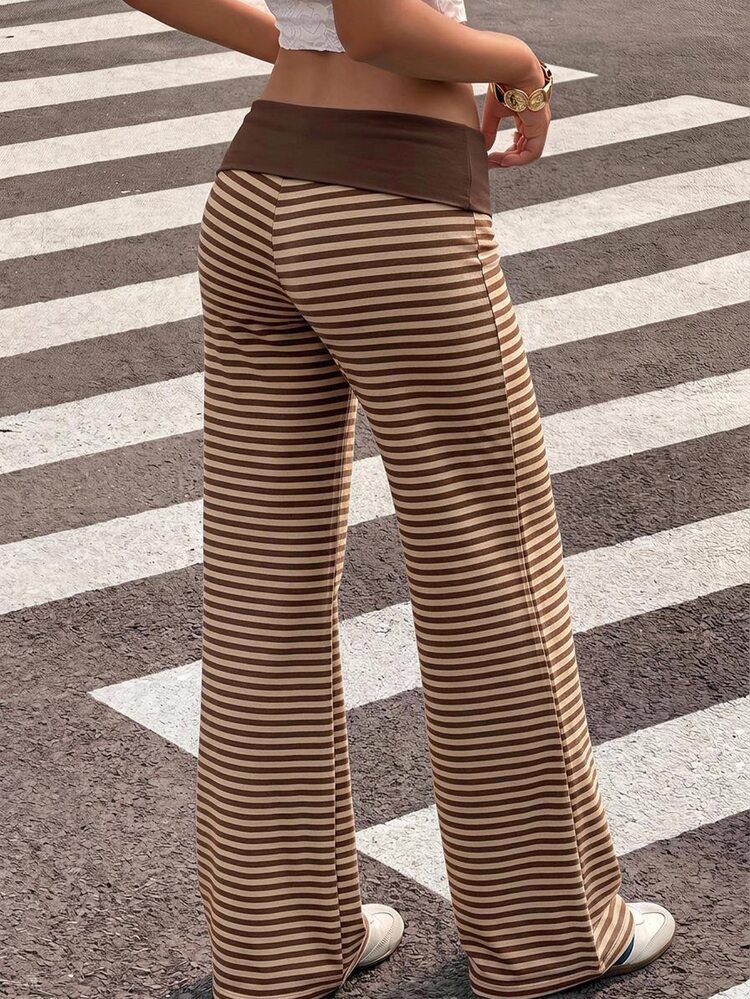 Muchica Autumn Multi-Brown Cream Yellow Striped Long Pants Women Casual Patchwork Colorblock Versatile Daily Bottoms, Suitable For Daily Commute, Gathering, Autumn Winter Summer, Christmas, New Year, Thanksgiving, Party, Wedding, Beach, Graduation Ceremony Elegant, Outing, Date, Commute Valentine's Day, Elegant, Vacation, Y2K, Graduation Ceremony Etc. - Multicolor - View 2