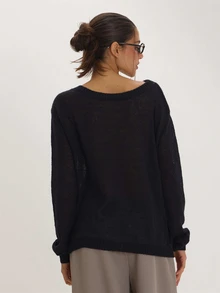 MUSEYN Black Knit Sheer Long Sleeve Top Versatile Everyday Casual Fall - Black - View 3