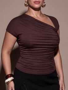 SHEIN BAE CURVE Plus Size Women's Asymmetrical Neckline Ruched Top - Brown - View 8