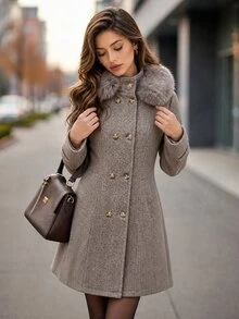 Editum Women's Street Style Faux Fur Patchwork Button Waist-Cinching Overcoat - Khaki - View 6