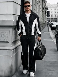 Manfinity CasualCool Men's Black & White Colorblock Jacket Set, Patchwork Contrast Fashion Versatile Style Suitable For Daily Streetwear, Also Ideal Gift For Boyfriend Or Husband - Multicolor - View 5
