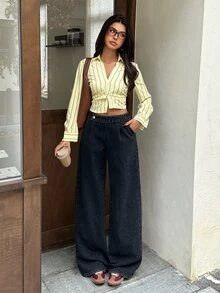 Rivivi Asymmetrical Waist Non-Elastic Denim Straight Leg Pants - Blue - View 7