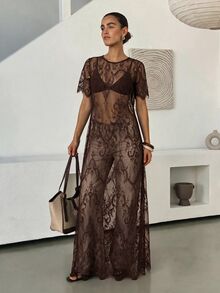 Reflora 大尺碼女款蕾絲性感透視派對與旅行洋裝 - 咖啡棕 - 查看 4