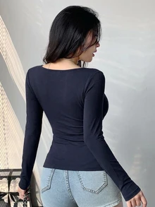 DAZY Women's Solid Color Fitted Versatile Daily Long Sleeve T-Shirt - Navy Blue - View 5