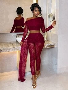 BamGleam Atmospheric Burgundy Asymmetrical Shoulder Lace Long Sleeve Top And Sexy Girl Set With Ribbon Bodycon Pants - Burgundy - View 4