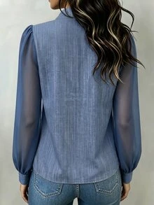 SHEIN Fashionable Commuter Small Stand Collar Patchwork Chiffon College Daily Wear Travel Casual Women Blue Shirt - Blue - View 2