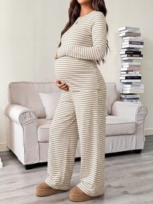 SHEIN Striped Slim Fit Set Round Neck Long Sleeve T-Shirt And Adjustable Waist Wide Leg Pants Fall - Apricot - View 8