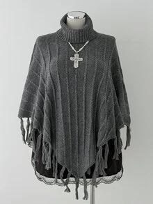 Sunspun Women's Plus Size Dark Tassel High Neck Batwing Sleeve Pullover Sweater - Dark Grey - View 6