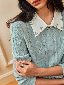 SHEIN Women's Autumn/Winter Patchwork Rhinestone Lapel Long Sleeve Casual Sweater - Limelight Green - View 2