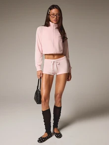 Athîral Women's Slim Fit Pink Solid Fleece Two Pieces Set,Cropped Zip-Up Stand Collar Top,Drawstring Shorts,Winter Athleisure Casual Sporty For Gym Workout - Pink - View 3