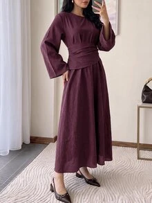 Solavon Women's Solid Color Round Neck Flared Sleeve Ruched Waist Elegant Modest Long Dress Everyday Bday Burgundy Autumn - Burgundy - View 12