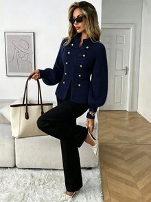 Breezaya 女款冬季白色立領金屬雙排扣假門襟設計法式休閒通勤百搭開襟衫 - 藏蓝色 - 查看 3