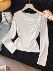 SHEIN 青少年女孩純色針織圓領休閒秋季T恤上衣 - 白色 - 查看 1