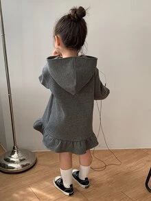 DAZY Baby Girl Solid Color Casual Daily Summer Hooded Dress - Grey - View 2