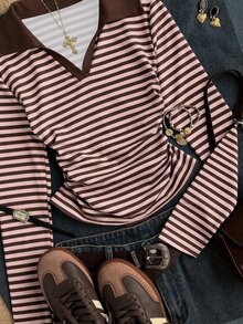 Attitoon 女款休閒復古拼色 Polo 領修身長袖 T 恤，條紋 T 恤，Y2K 風格，秋季服飾，適合日常通勤、派對、夏季、聖誕節、新年、感恩節、婚禮、海灘、出遊、約會、情人節，優雅度假風 - 彩色 - 查看 3