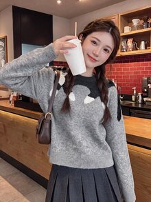 Comfortcana Women's Cute Korean Style Cat Jacquard Long Sleeve Sweater - Grey - View 3