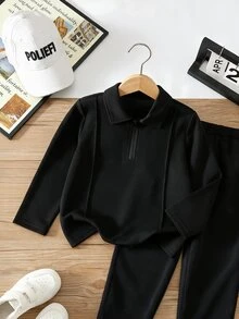 SHEIN 兒童小男孩休閒寬鬆百搭舒適素色針織長袖 Polo 衫 - 黑色 - 查看 1