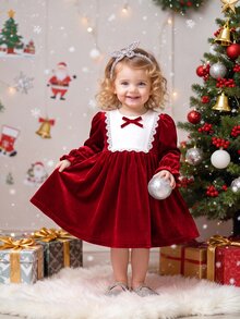 SHEIN Infant Toddler Vintage Velvet Santa Style Dress Baby Holiday Party Outfit Christmas Autumn Winter Dress - Red - View 1