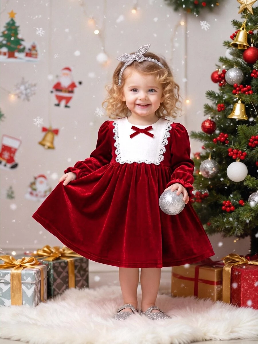 SHEIN Infant Toddler Vintage Velvet Santa Style Dress Baby Holiday Party Outfit Christmas Autumn Winter Dress - Red - View 1