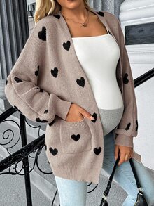 SHEIN 孕婦愛心圖案落肩長袖休閒針織開襟外套 冬季 - 藕粉色 - 查看 1
