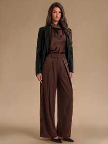 SHEIN Glamour 女款素色百褶休閒通勤西裝長褲 - 中紫紅色 - 查看 1