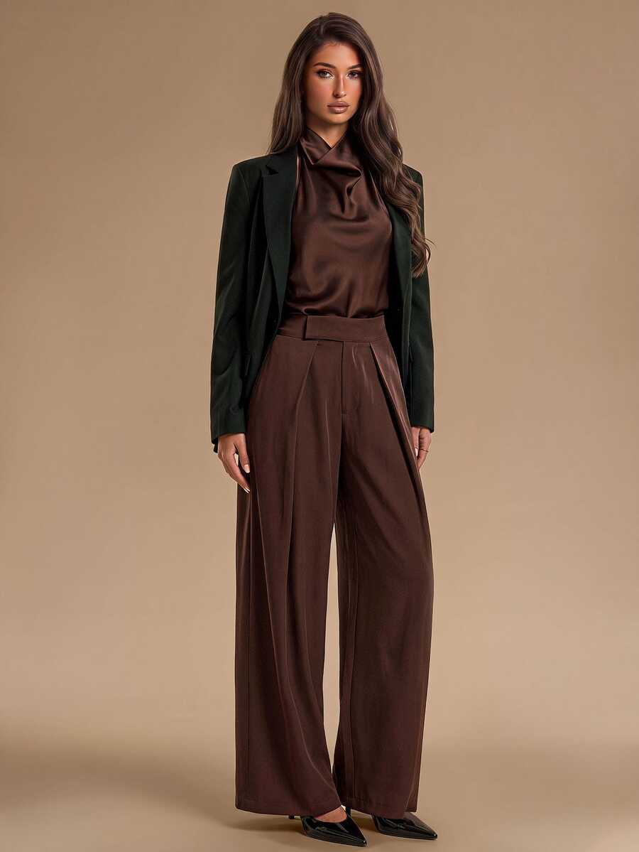 SHEIN Glamour 女款素色百褶休閒通勤西裝長褲 - 中紫紅色 - 查看 1