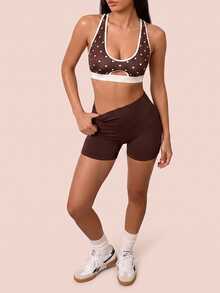 SHEIN BAE Women's Colorblock Polka Dot Print Daily Fitness Sports Bra - Coffee Brown - View 5